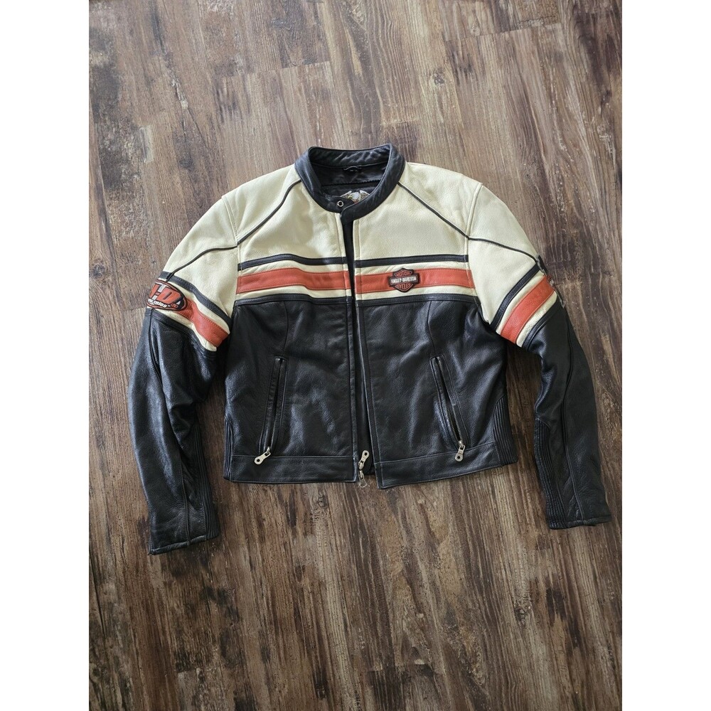 Harley-Davidson Women's Cream & Black Leather Motorcycle Jacket Genuine Leather